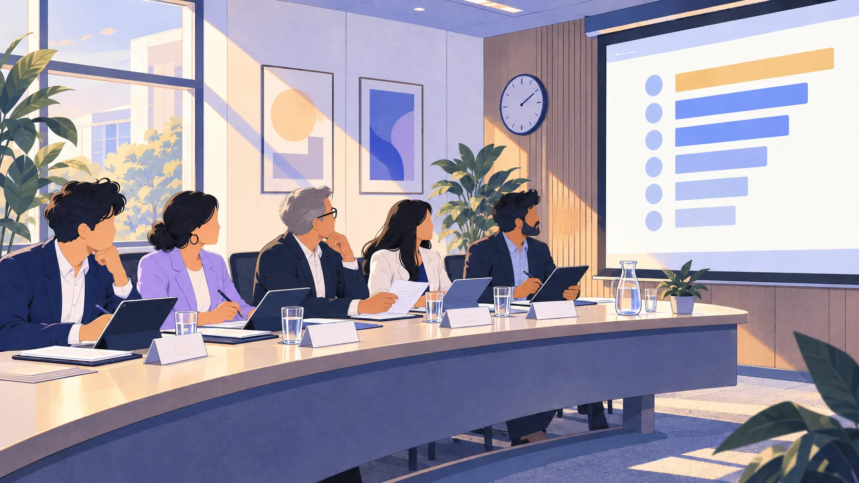 An investor jury scoring a shortlist around a boardroom table
