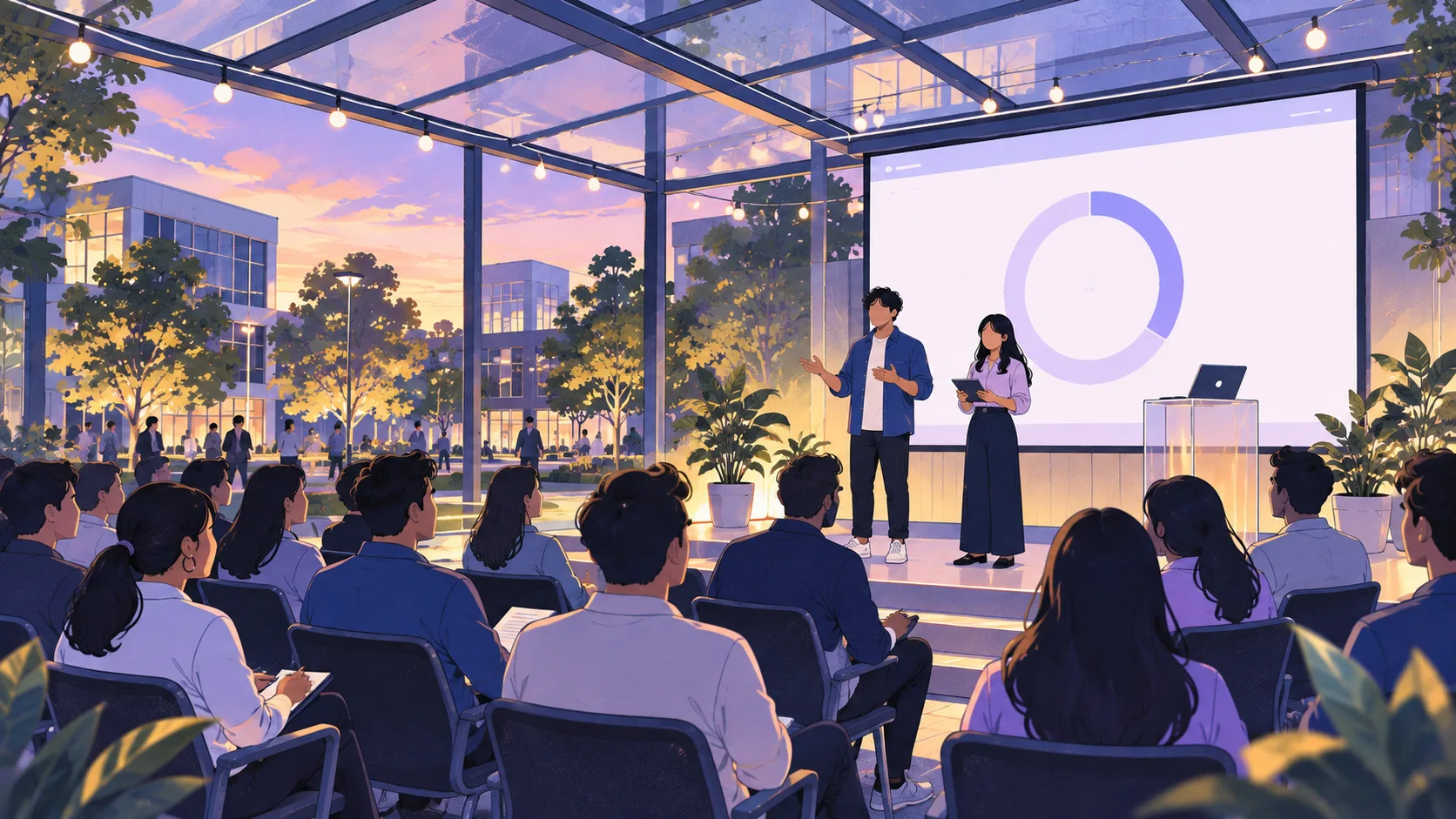 A live pitch day on an outdoor stage with a chart on the screen behind the speakers