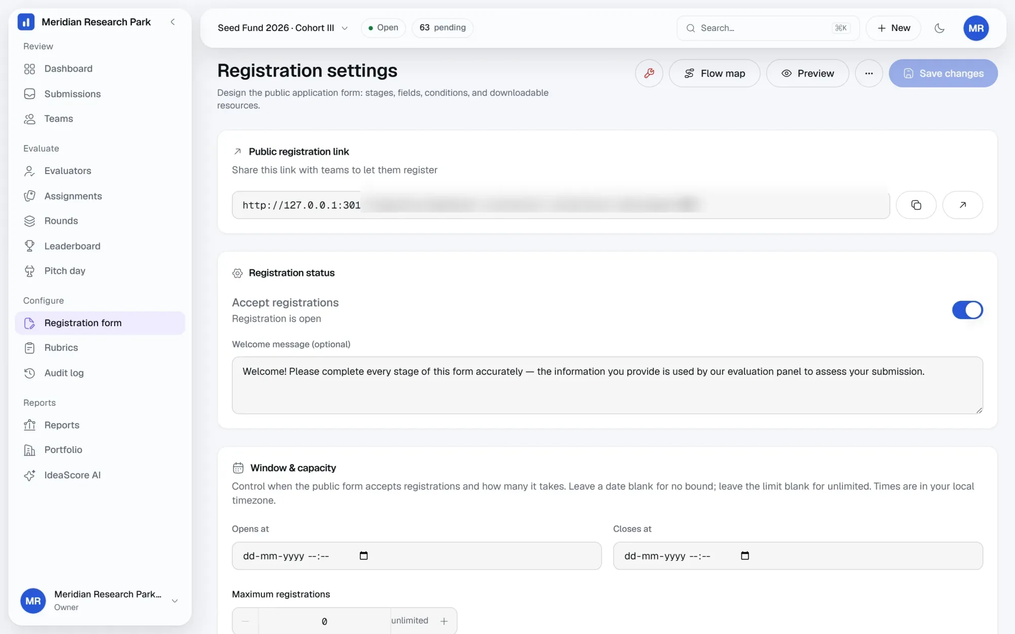 The registration settings page for a call, showing the public link, registration status, and the window and capacity controls.