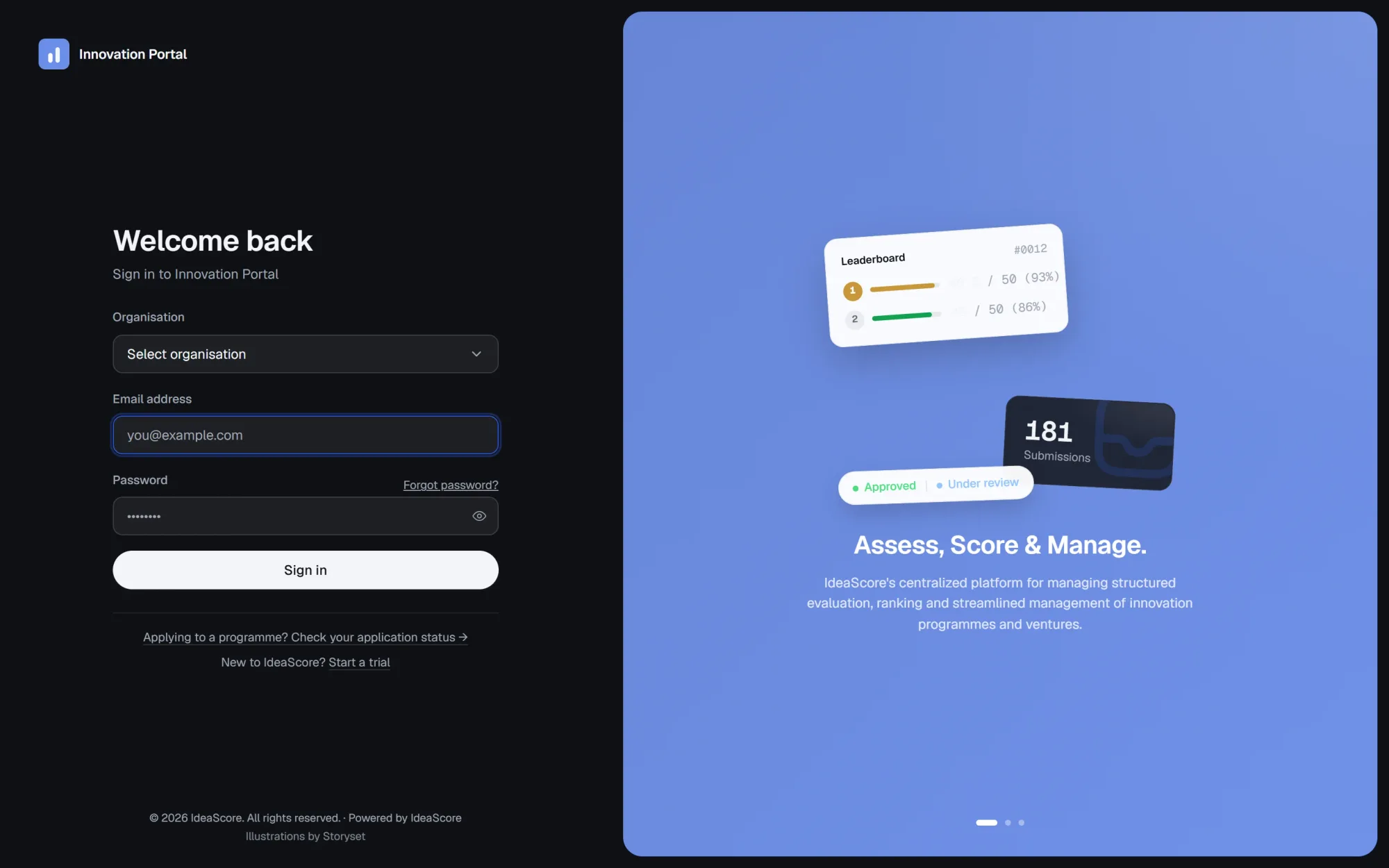 The IdeaScore sign-in screen in dark mode, with the same tenant branding carried through.