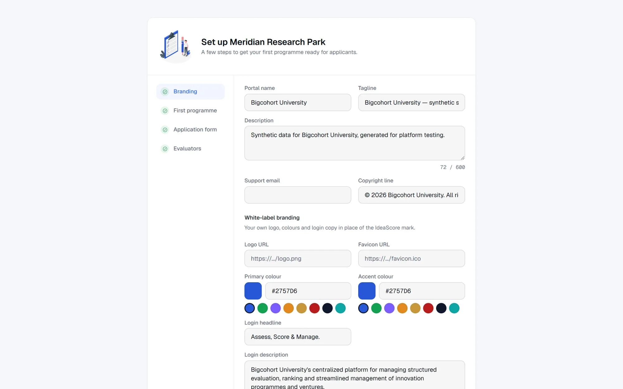 The onboarding wizard's branding step for a new organisation.