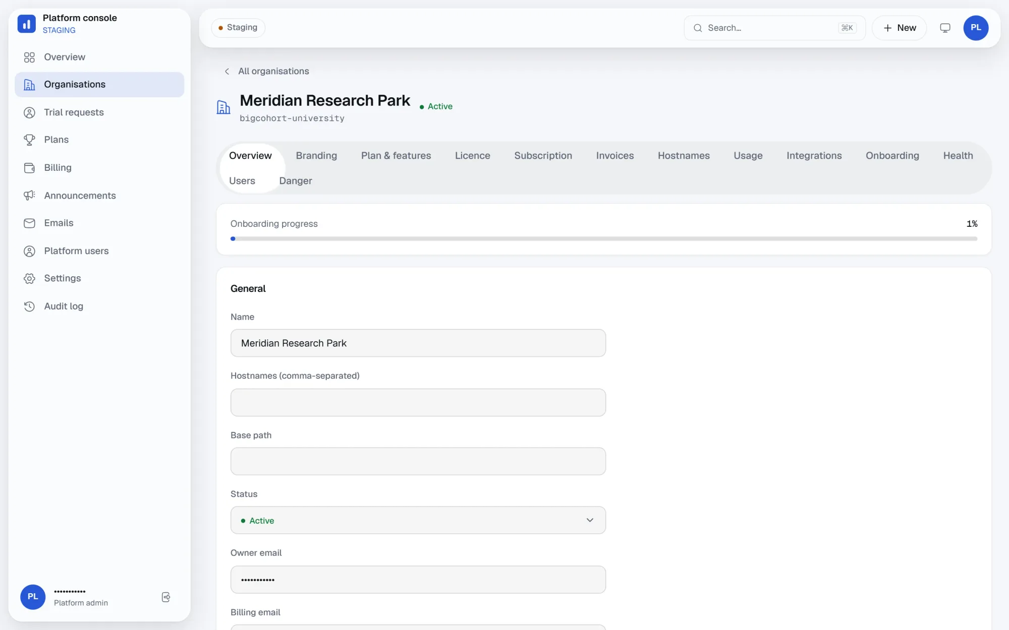 The platform console's organisation detail page, showing a tenant's plan, feature flags and settings.